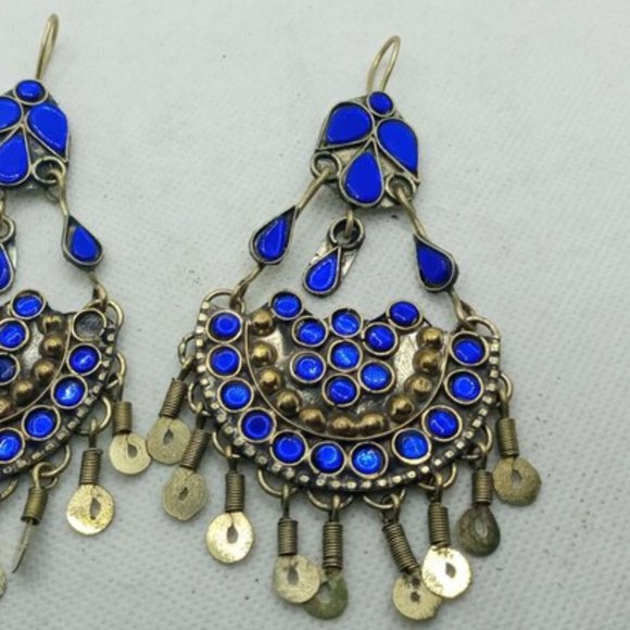 Glass Stones Kuchi Earrings With Dangling Tassels, Tribal Dangle Earrings - Picture 6 of 7